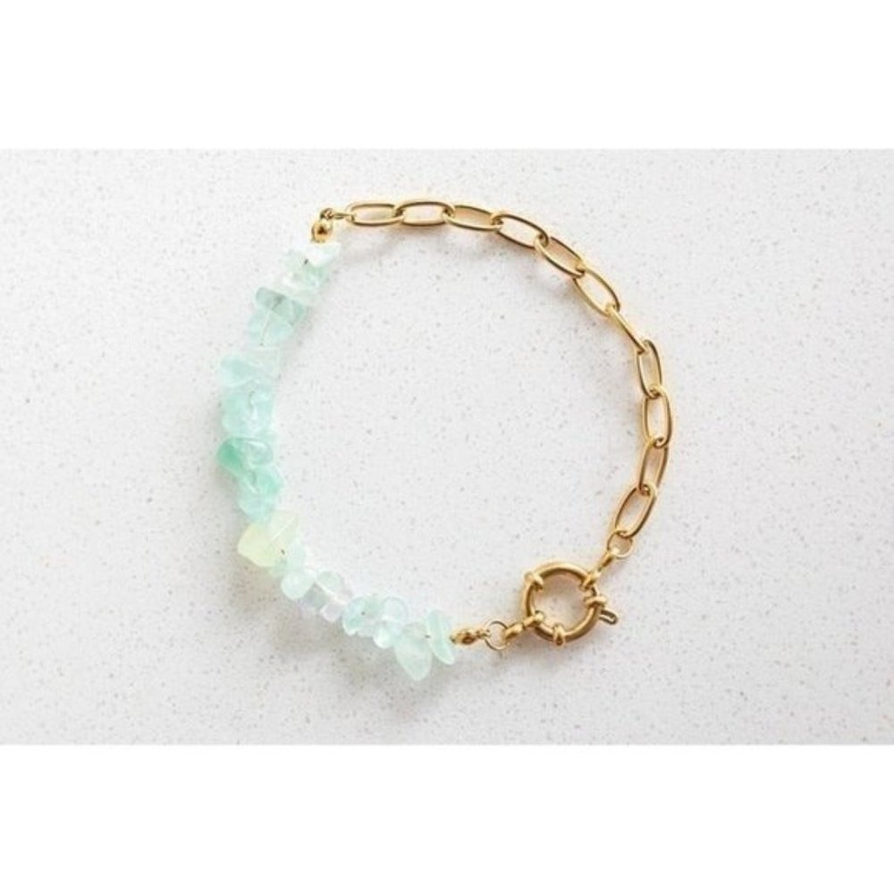 Beachy Aqua Fluorite Gemstone Beaded Bracelet Gold Waterproof Chain Beautiful